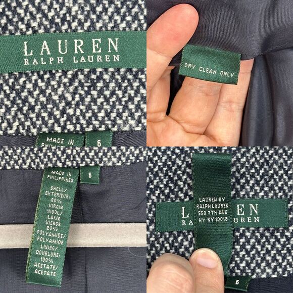 LRL Ralph Lauren Tweed Blazer Jacket Womens 6 Navy White Houndstooth Virgin Wool - Picture 10 of 15
